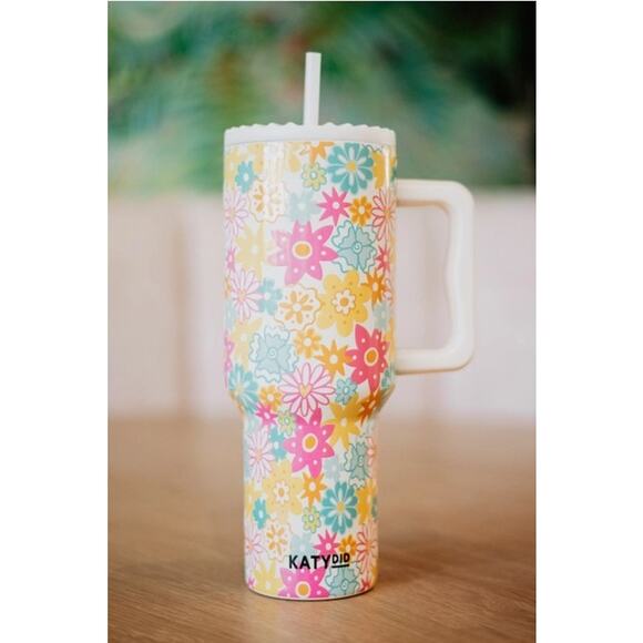 Spring Retro Flowers Insulated Stainless Steel 38 Oz Tumbler with Handle - Picture 3 of 4